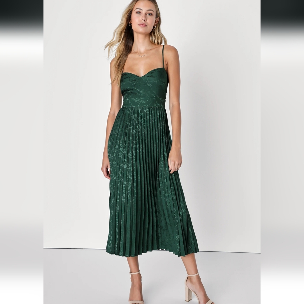 *NEW W/Tags * Regal Romance‎ Emerald Floral Jacquard Pleated Satin Midi Dress